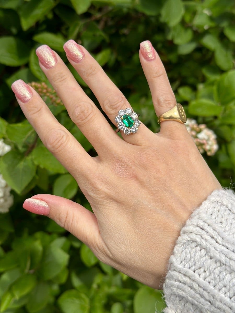 Art Deco 18ct Gold & Platinum Emerald and Diamond Cluster Ring | Parkin and Gerrish | Antique & Vintage Jewellery