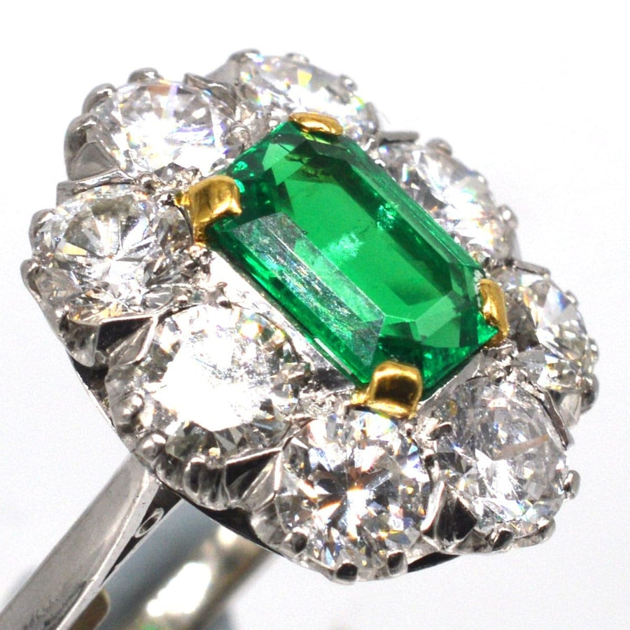 Art Deco 18ct Gold & Platinum Emerald and Diamond Cluster Ring | Parkin and Gerrish | Antique & Vintage Jewellery