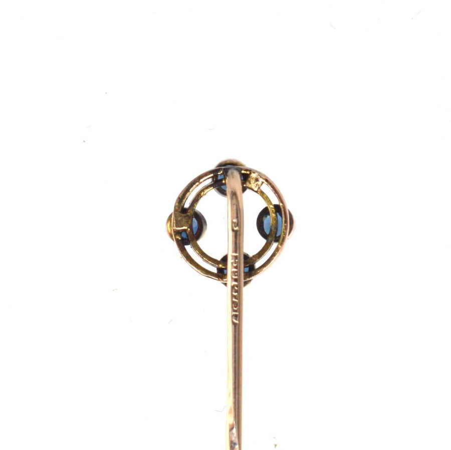 Art Deco 9ct Gold Circular Tie Pin with 4 Sapphires | Parkin and Gerrish | Antique & Vintage Jewellery