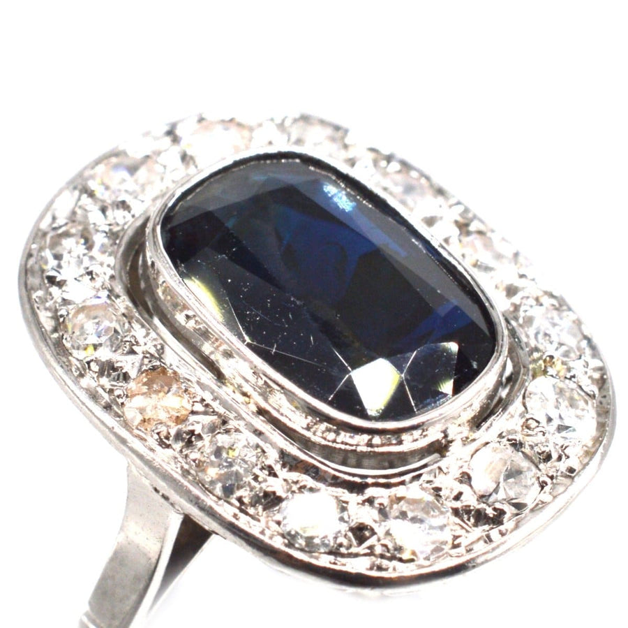 Art Deco French Platinum Dark Sapphire and Diamond Cluster Ring | Parkin and Gerrish | Antique & Vintage Jewellery