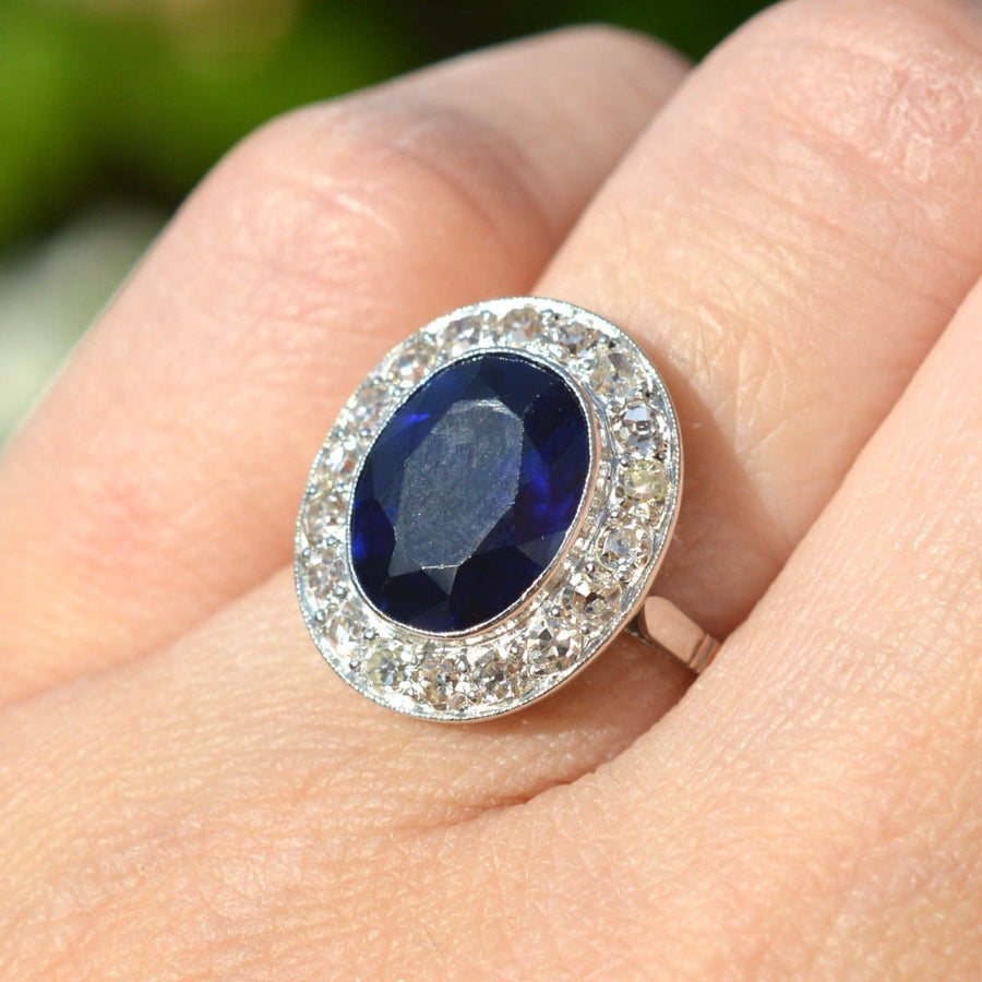 Art Deco Platinum Synthetic Sapphire & Diamond Cluster Ring | Parkin and Gerrish | Antique & Vintage Jewellery