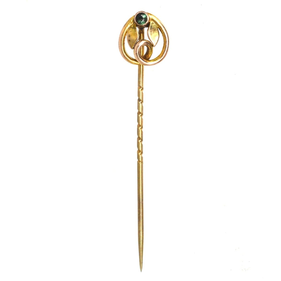 Art Nouveau 9ct Green Garnet Topped Doublet Tie Pin with Leaves | Parkin and Gerrish | Antique & Vintage Jewellery