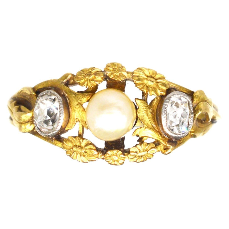 Art Nouveau French 18ct Gold Natural Pearl and Old Mine Cut Diamond Ring | Parkin and Gerrish | Antique & Vintage Jewellery