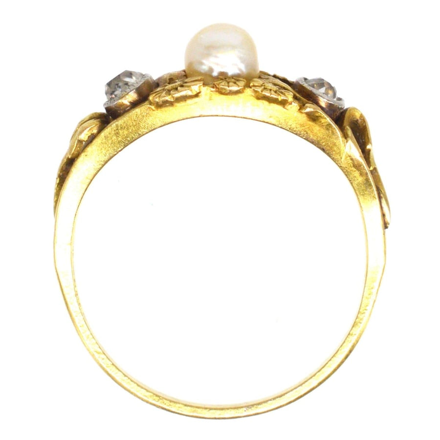 Art Nouveau French 18ct Gold Natural Pearl and Old Mine Cut Diamond Ring | Parkin and Gerrish | Antique & Vintage Jewellery