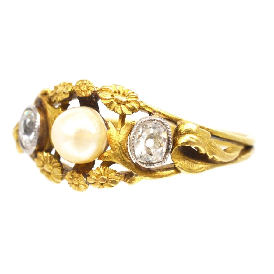 Art Nouveau French 18ct Gold Natural Pearl and Old Mine Cut Diamond Ring | Parkin and Gerrish | Antique & Vintage Jewellery