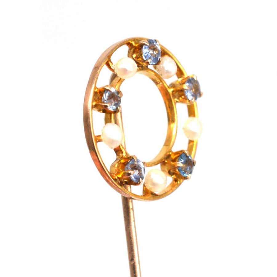Early 20th Century 10ct Gold Cornflower Sapphire & Seed Pearl Tie Pin | Parkin and Gerrish (UK)
