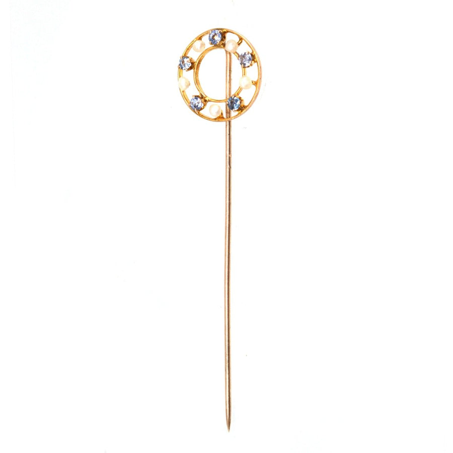 Early 20th Century 10ct Gold Cornflower Sapphire & Seed Pearl Tie Pin | Parkin and Gerrish (UK)