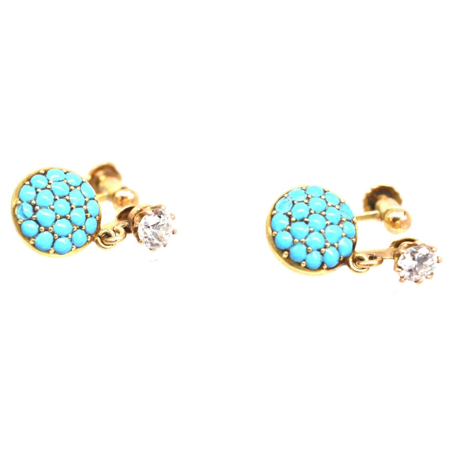 Early 20th Century 18ct Gold Diamond and Pavé Turquoise Screw - On Earrings | Parkin and Gerrish | Antique & Vintage Jewellery