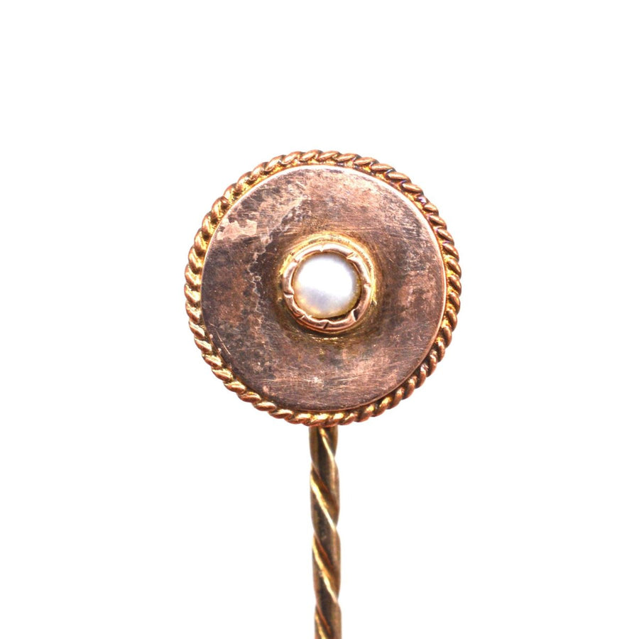 Early 20th Century 9ct Gold Pearl Flat Circle Tie Pin | Parkin and Gerrish | Antique & Vintage Jewellery