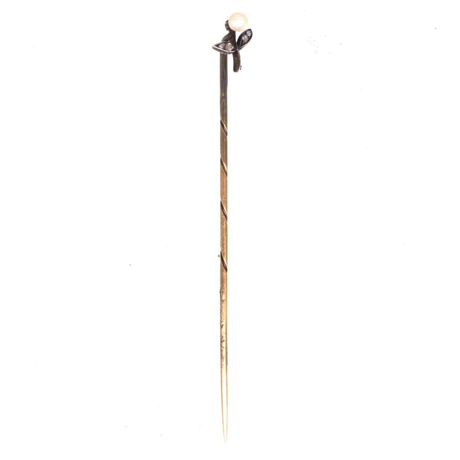 Early 20th Century Austro - Hungarian 14ct Gold Pearl and Rose Cut Diamond Floral Tie Pin | Parkin and Gerrish (UK)