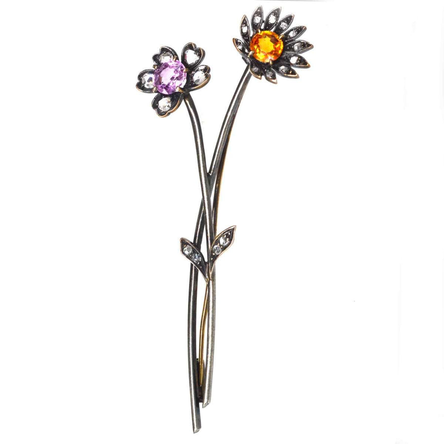 Early 20th Century Austro - Hungarian 14ct Gold Topaz & Rose Diamond Floral Brooch