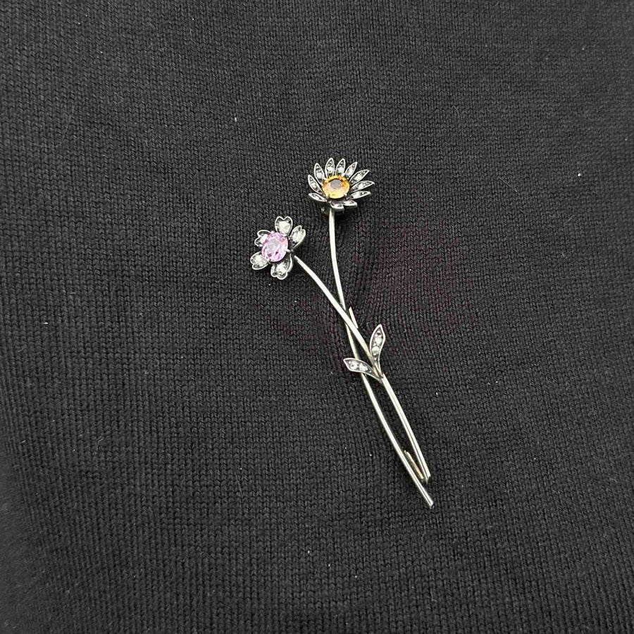 Early 20th Century Austro - Hungarian 14ct Gold Topaz & Rose Diamond Floral Brooch