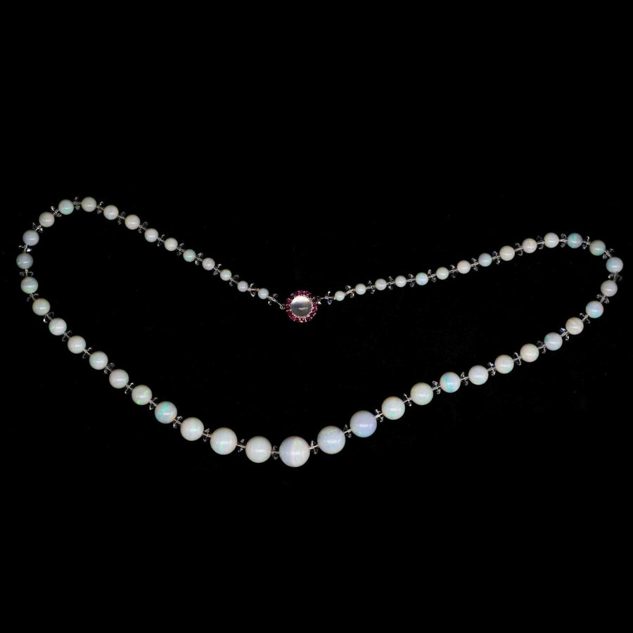 Early 20th Century Graduated Opal Bead Necklace with Ruby and Moonstone Clasp | Parkin and Gerrish | Antique & Vintage Jewellery