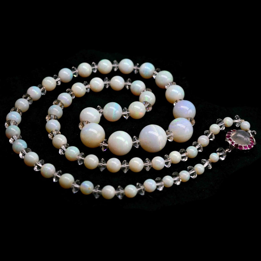 Early 20th Century Graduated Opal Bead Necklace with Ruby and Moonstone Clasp | Parkin and Gerrish | Antique & Vintage Jewellery