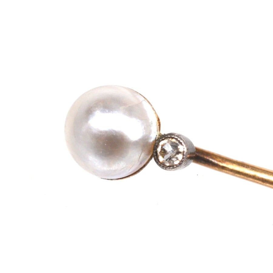 Edwardian 14ct Gold Natural Pearl and Diamond Tie Pin | Parkin and Gerrish | Antique & Vintage Jewellery