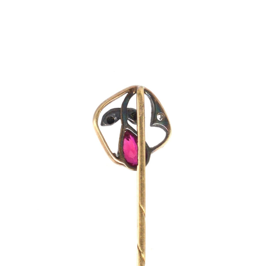 Edwardian 14ct Gold Synthetic Red Spinel and Diamond Tie Pin | Parkin and Gerrish | Antique & Vintage Jewellery