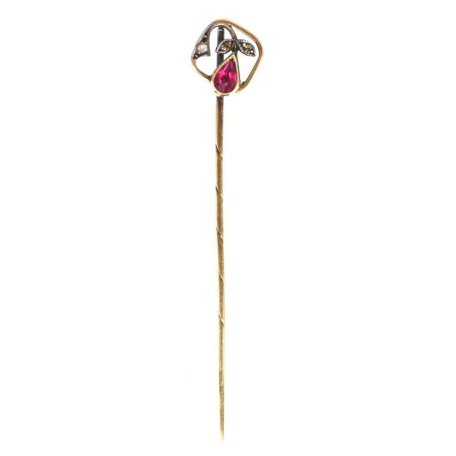 Edwardian 14ct Gold Synthetic Red Spinel and Diamond Tie Pin | Parkin and Gerrish | Antique & Vintage Jewellery