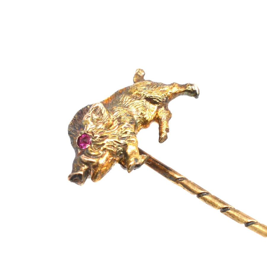 Edwardian 14ct Gold Wild Boar (Hog) Tie Pin with Ruby Eyes | Parkin and Gerrish | Antique & Vintage Jewellery