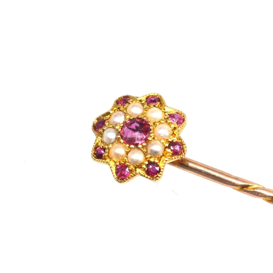 Edwardian 15ct Gold, Garnet and Seed Pearl Cluster Tie Pin | Parkin and Gerrish | Antique & Vintage Jewellery