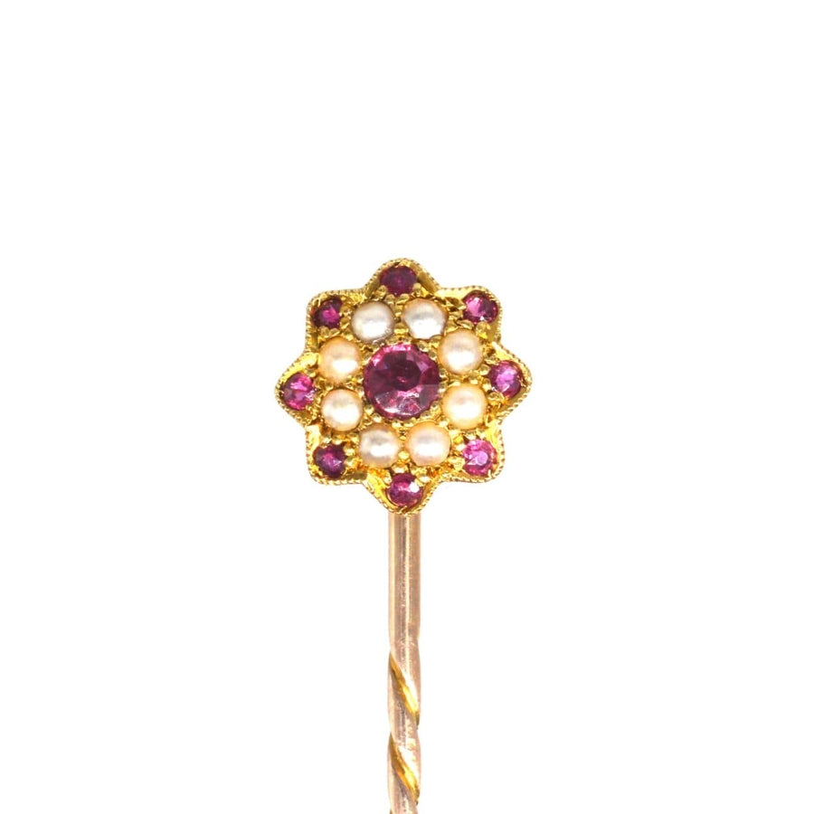 Edwardian 15ct Gold, Garnet and Seed Pearl Cluster Tie Pin | Parkin and Gerrish | Antique & Vintage Jewellery