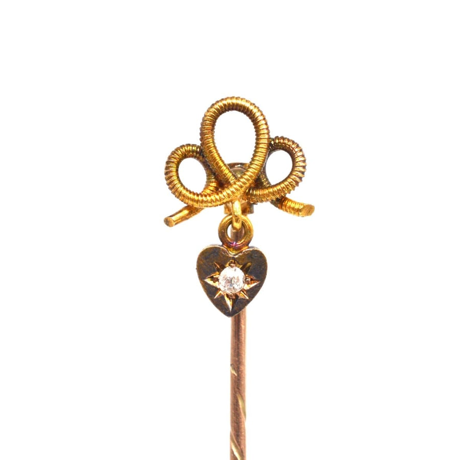 Edwardian 15ct Gold Knot Tie Pin with a Dangling Diamond Heart | Parkin and Gerrish | Antique & Vintage Jewellery