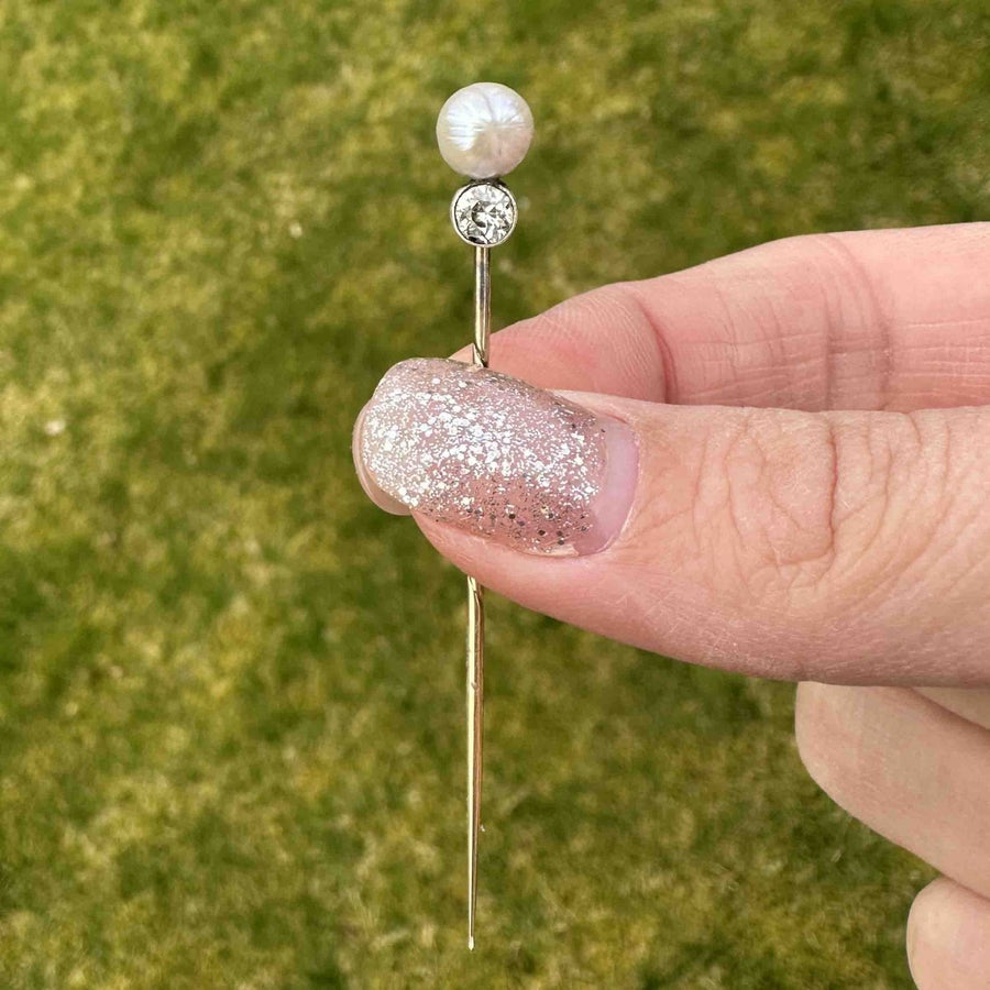 Edwardian 15ct Gold Natural Pearl and Diamond Pin | Parkin and Gerrish | Antique & Vintage Jewellery