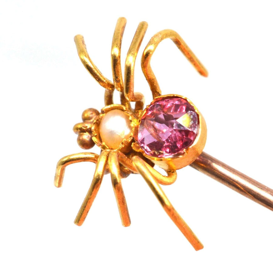 Edwardian 15ct Gold Pink Tourmaline and Pearl Spider Tie Pin | Parkin and Gerrish | Antique & Vintage Jewellery