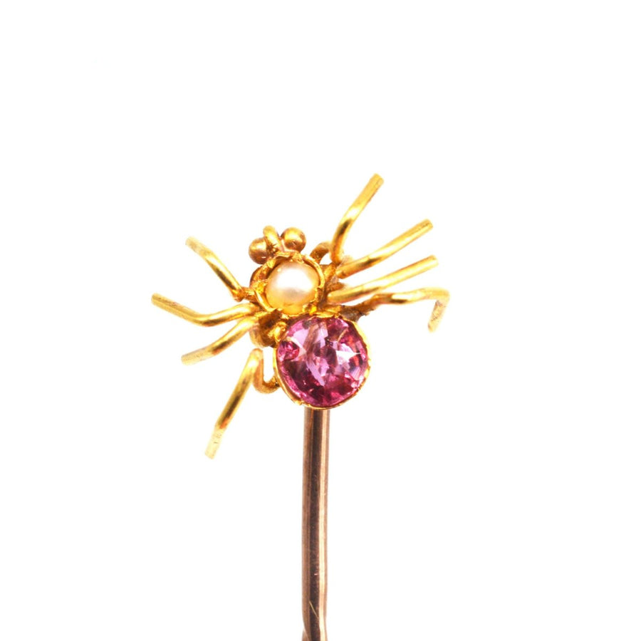Edwardian 15ct Gold Pink Tourmaline and Pearl Spider Tie Pin | Parkin and Gerrish | Antique & Vintage Jewellery