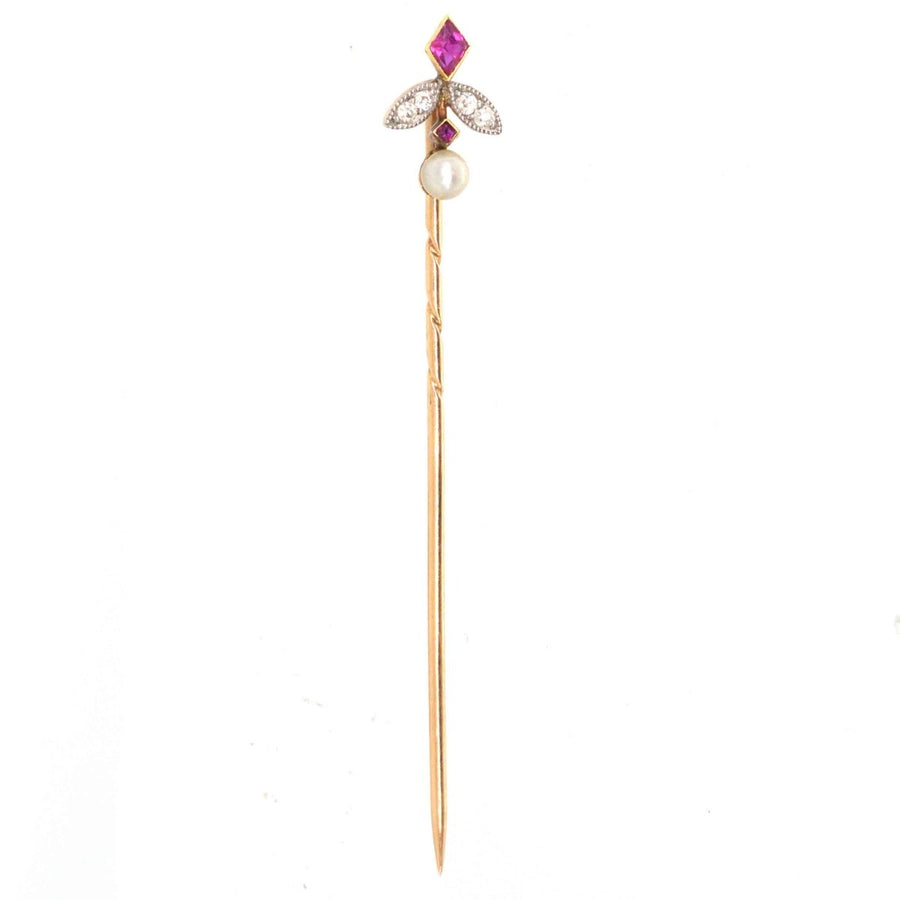 Edwardian 15ct Gold Ruby, Diamond and Natural Pearl Tie Pin | Parkin and Gerrish (UK)