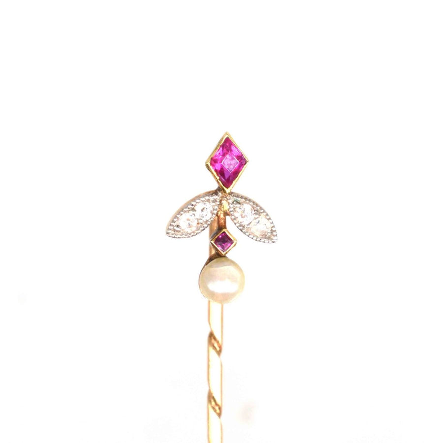 Edwardian 15ct Gold Ruby, Diamond and Natural Pearl Tie Pin | Parkin and Gerrish (UK)