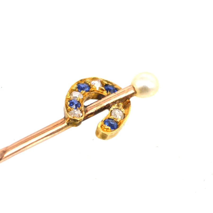 Edwardian 15ct Gold Sapphire and Diamond Horseshoe Tie Pin with a Natural Pearl on Top | Parkin and Gerrish | Antique & Vintage Jewellery