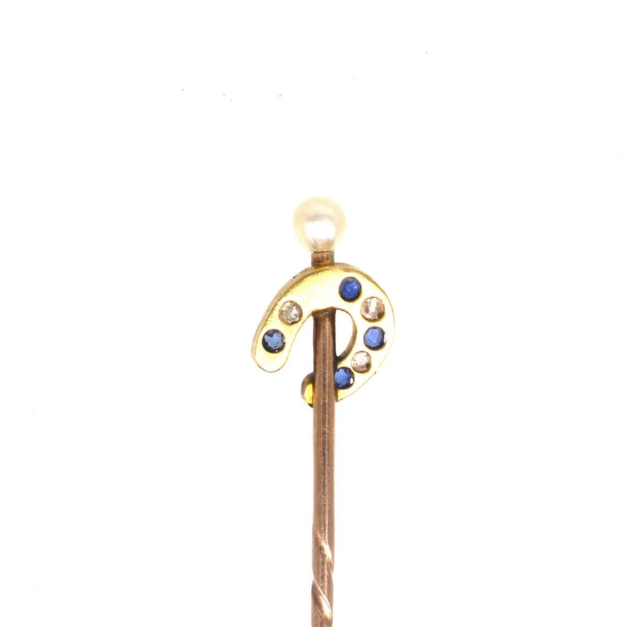 Edwardian 15ct Gold Sapphire and Diamond Horseshoe Tie Pin with a Natural Pearl on Top | Parkin and Gerrish | Antique & Vintage Jewellery