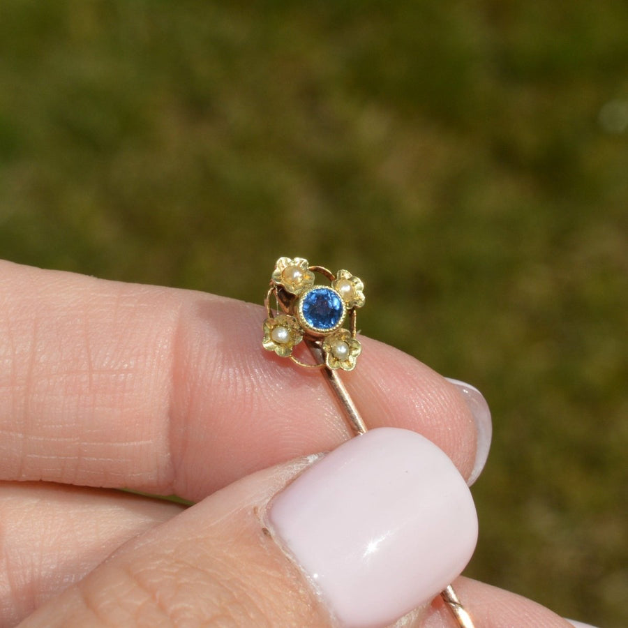 Edwardian 15ct Gold Sapphire and Pearl Tie Pin | Parkin and Gerrish (UK)
