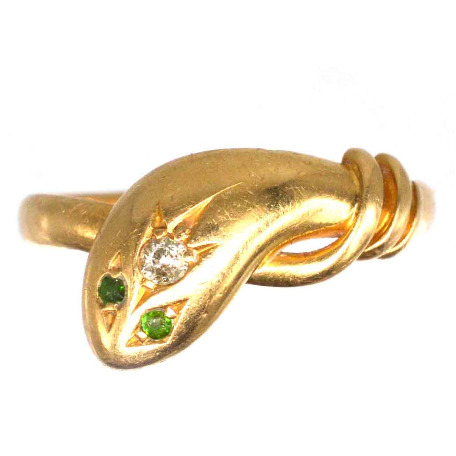 Edwardian 18ct Gold Single Snake Ring with a Diamond and Green Garnet Eyes | Parkin and Gerrish | Antique & Vintage Jewellery