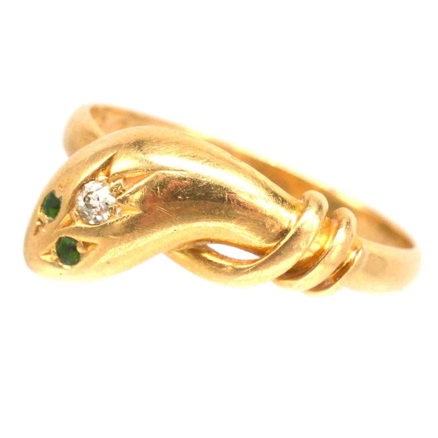 Edwardian 18ct Gold Single Snake Ring with a Diamond and Green Garnet Eyes | Parkin and Gerrish | Antique & Vintage Jewellery