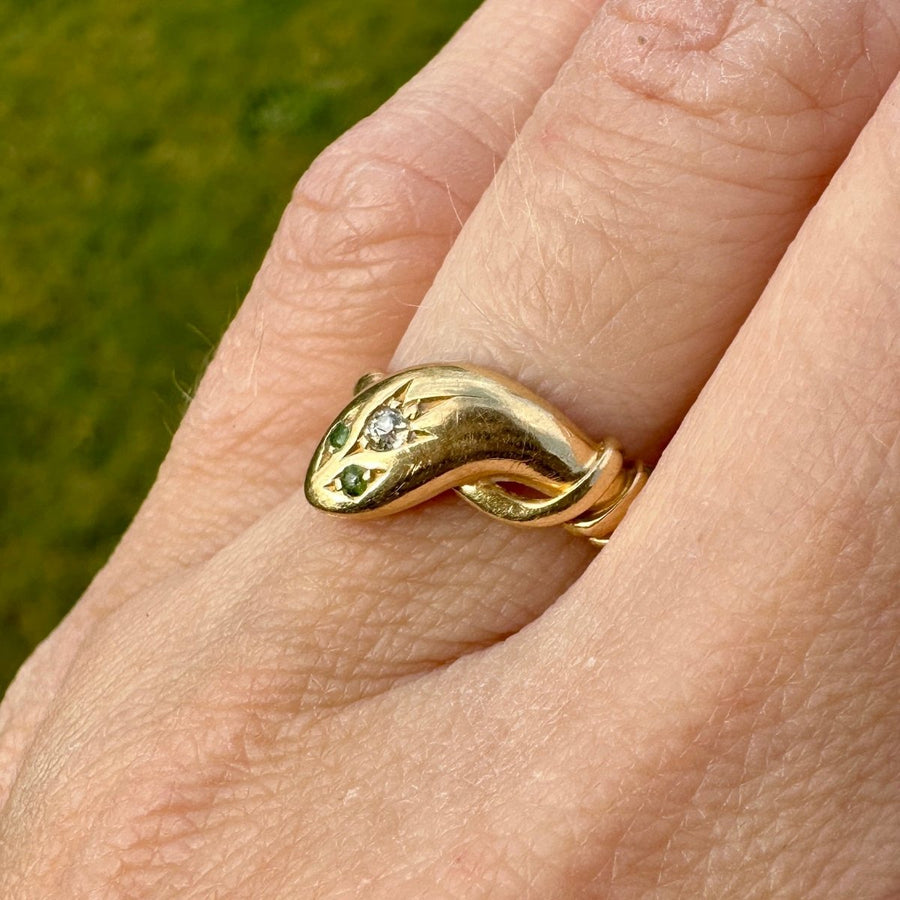 Edwardian 18ct Gold Single Snake Ring with a Diamond and Green Garnet Eyes | Parkin and Gerrish | Antique & Vintage Jewellery
