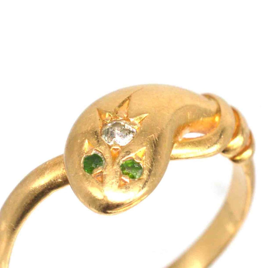 Edwardian 18ct Gold Single Snake Ring with a Diamond and Green Garnet Eyes | Parkin and Gerrish | Antique & Vintage Jewellery