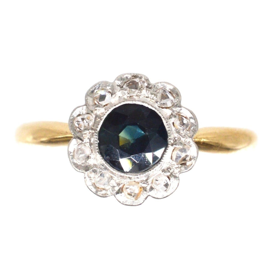 Edwardian 18ct Gold Teal Sapphire and Diamond Cluster Ring | Parkin and Gerrish | Antique & Vintage Jewellery