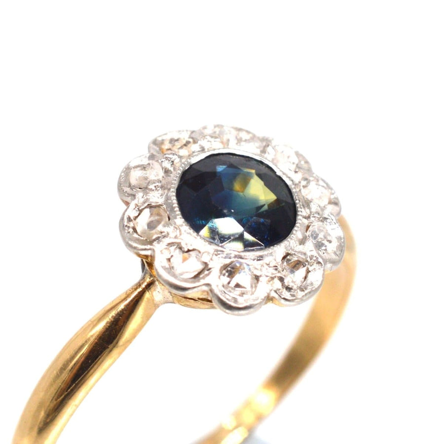 Edwardian 18ct Gold Teal Sapphire and Diamond Cluster Ring | Parkin and Gerrish | Antique & Vintage Jewellery