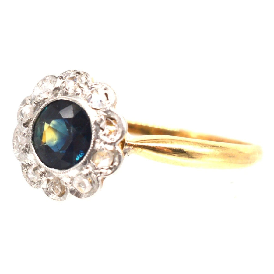 Edwardian 18ct Gold Teal Sapphire and Diamond Cluster Ring | Parkin and Gerrish | Antique & Vintage Jewellery