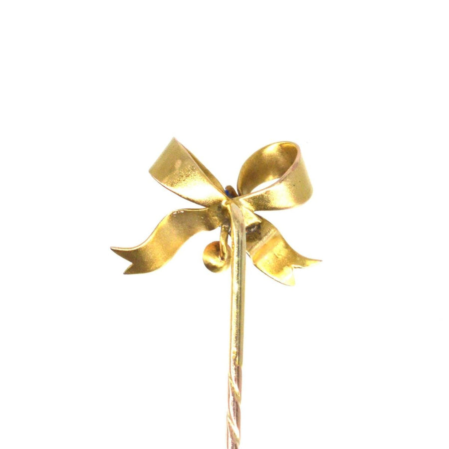 Edwardian 9ct Gold Bow, Synthetic Sapphire and Pearl Tie Pin | Parkin and Gerrish | Antique & Vintage Jewellery