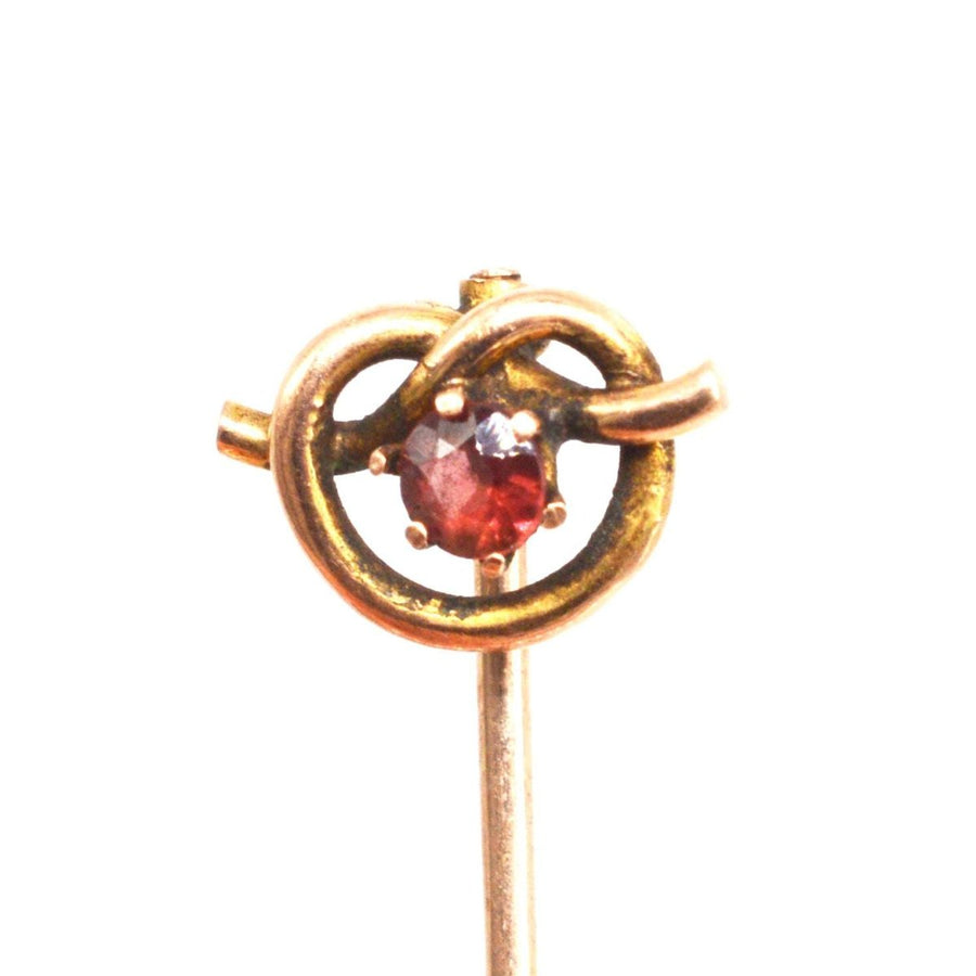 Edwardian 9ct Gold Lover's Knot and Garnet Tie Pin | Parkin and Gerrish | Antique & Vintage Jewellery