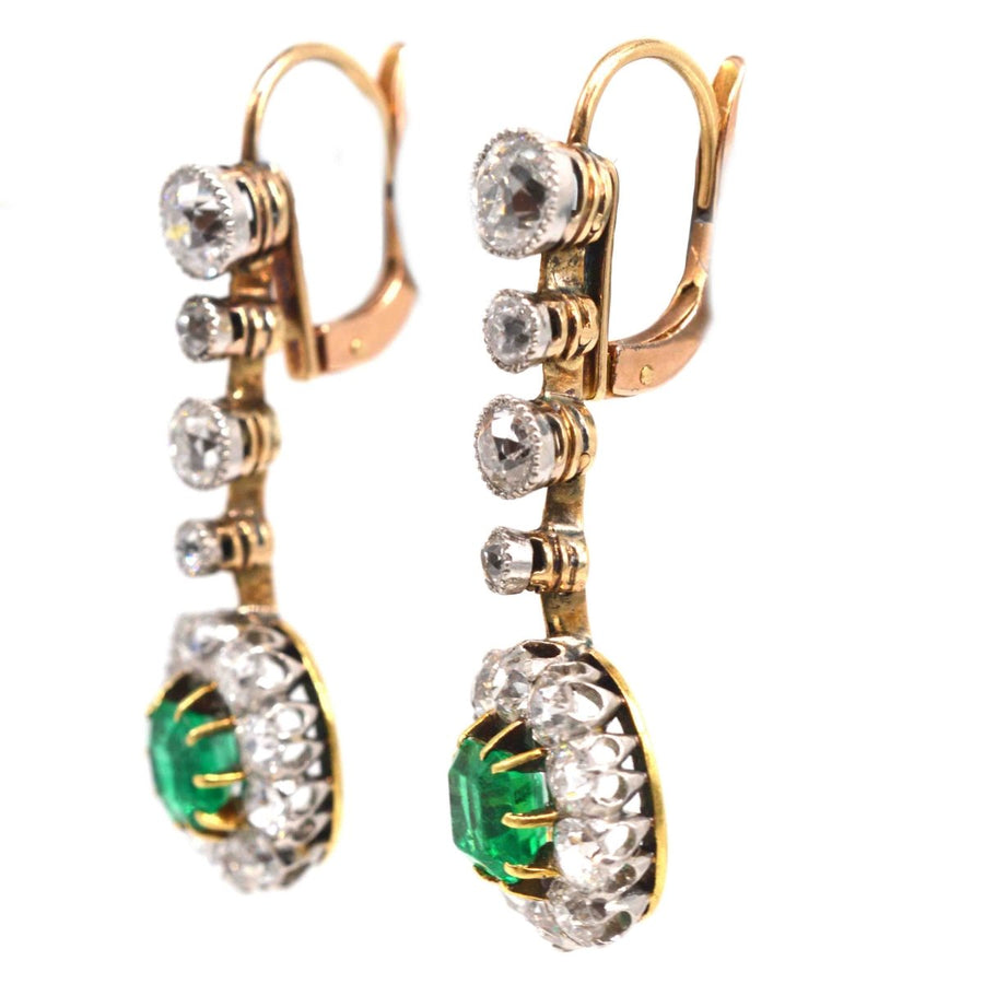 Edwardian Columbian Emerald and Diamond Cluster Drop Earrings | Parkin and Gerrish | Antique & Vintage Jewellery