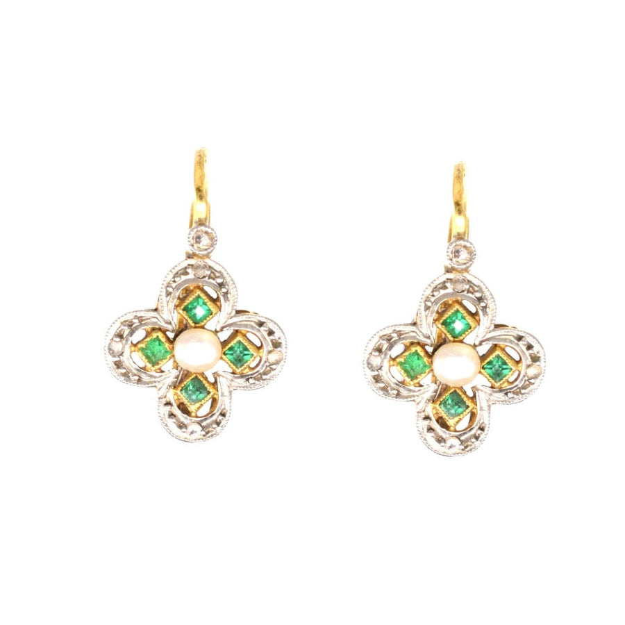 Edwardian Emerald, Diamond and Pearl Quatrefoil Earrings | Parkin and Gerrish | Antique & Vintage Jewellery