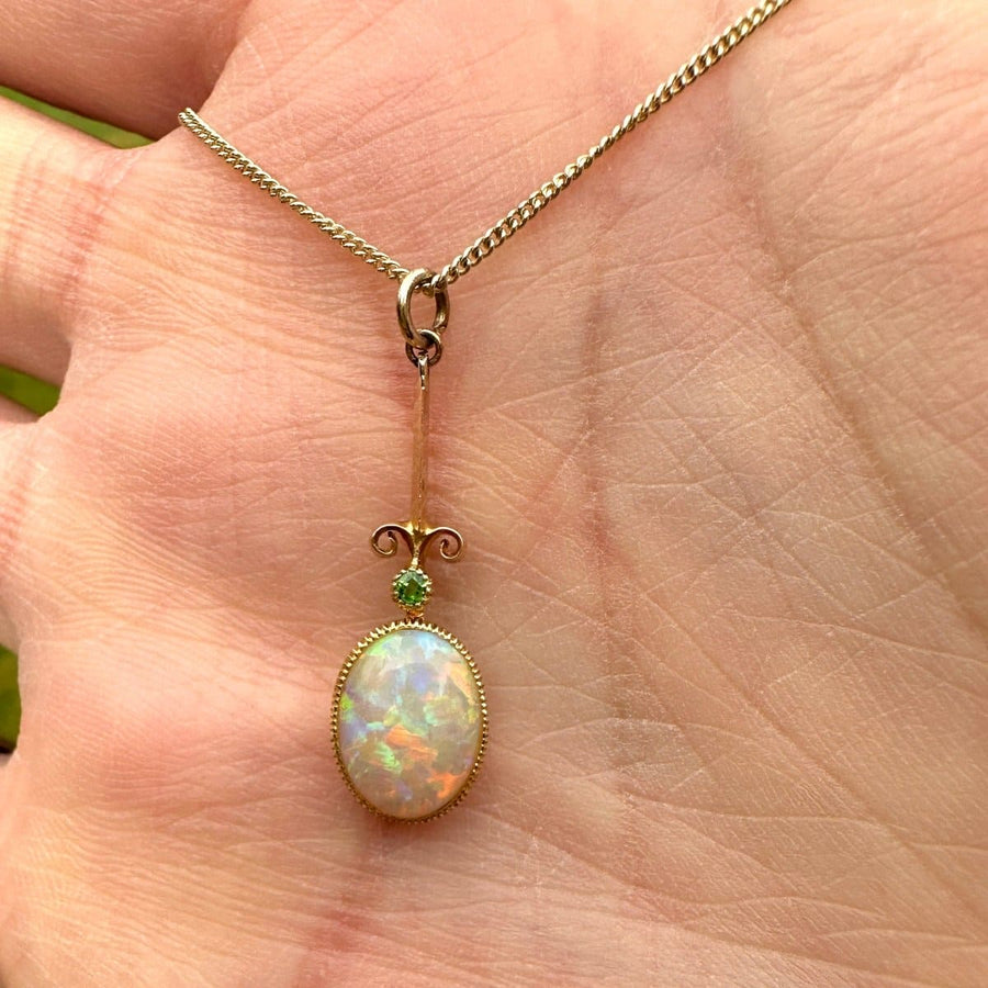 Edwardian Opal and Green Garnet Pendant on modern 9ct gold chain | Parkin and Gerrish | Antique & Vintage Jewellery