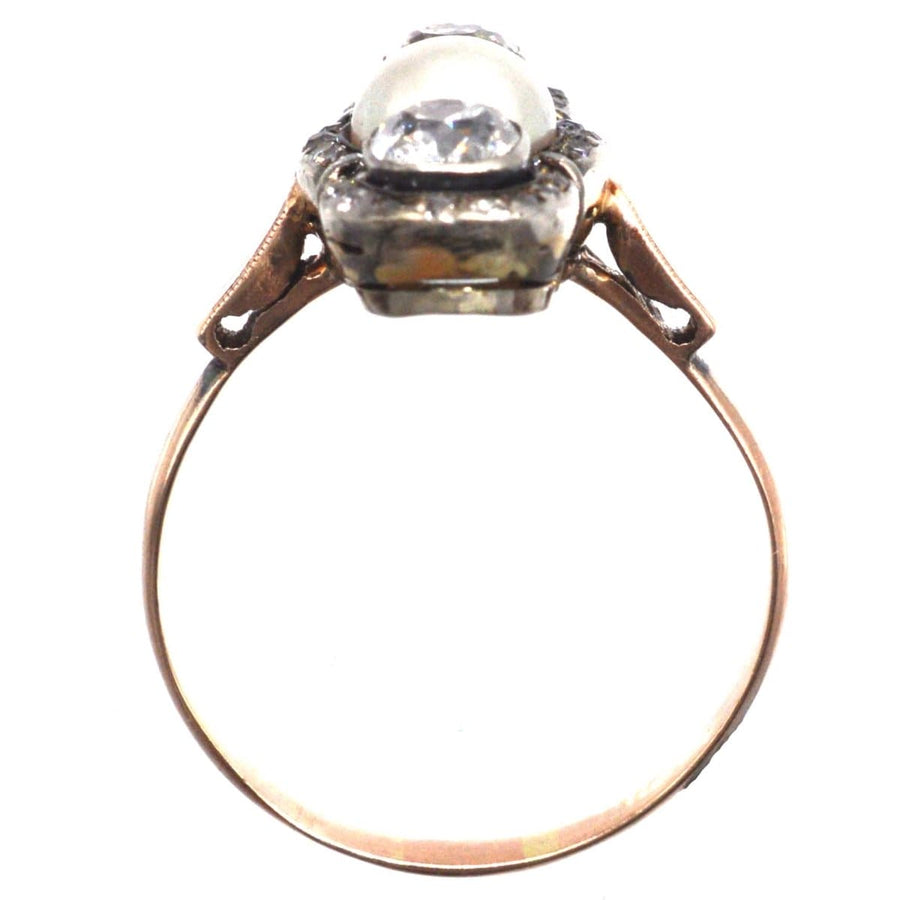 Edwardian Silver and 15ct Gold Old Mine Cut Diamond and Natural Pearl Three Stone Ring | Parkin and Gerrish | Antique & Vintage Jewellery