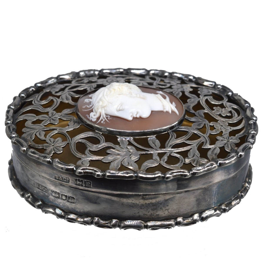 Edwardian sterling silver trinket box with Italian cameo of Aphrodite, London 1912, intricate cut-card work.