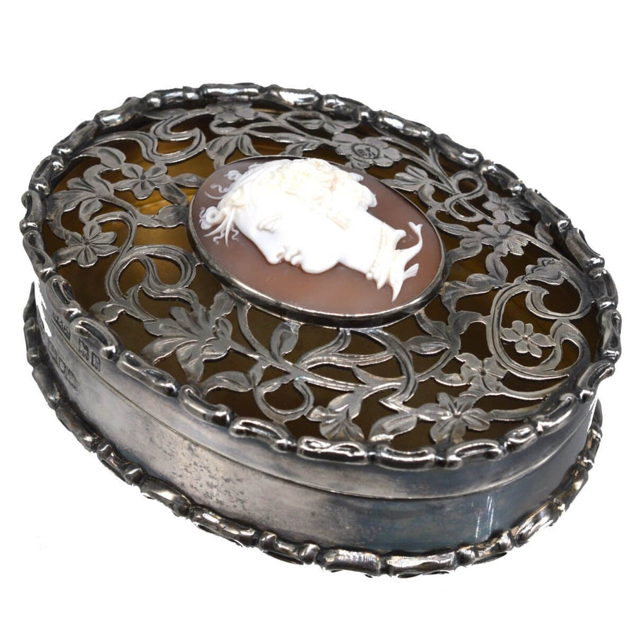 Edwardian sterling silver oval trinket box with cameo of Aphrodite, London 1912, intricate floral cut-card work.
