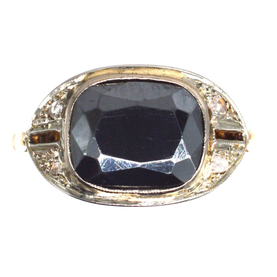 French Art Deco 18ct Gold and Platinum Hematite and Diamond Ring | Parkin and Gerrish | Antique & Vintage Jewellery