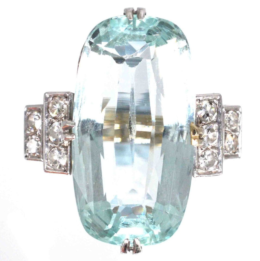 French Art Deco Platinum 12 Carat Aquamarine and Diamond Ring | Parkin and Gerrish | Antique & Vintage Jewellery